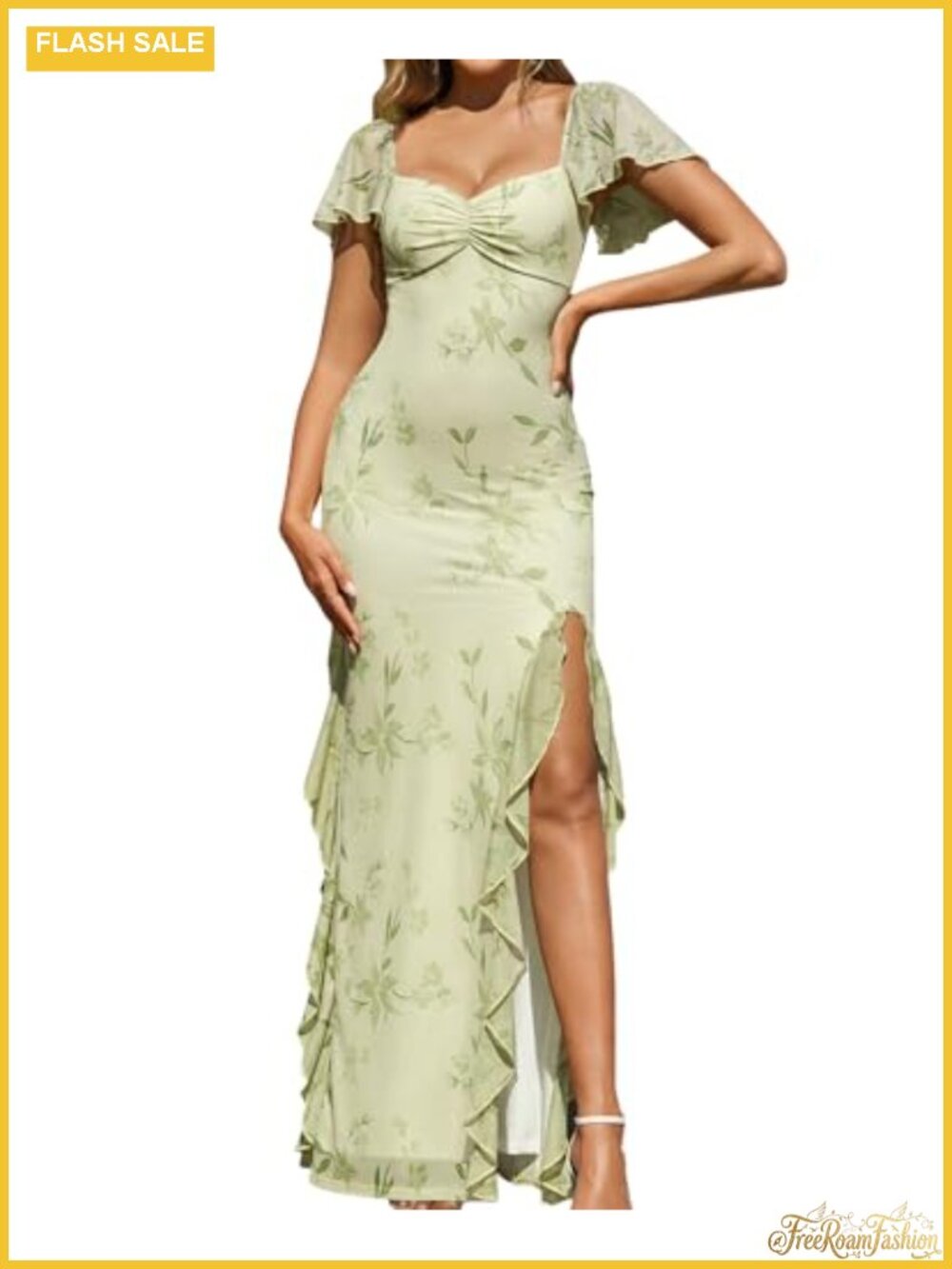 Floral Maxi Wedding Guest Dress Ruffle Sweetheart Neck High Slit